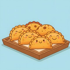 cute cartoon empanadas on wooden tray illustration
