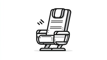 Simple line drawing of a reclined airplane seat with armrests, headrest, and a subtle shadow, suggesting comfort and travel