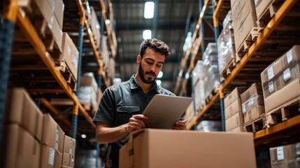 Focused warehouse employee managing inventory with a digital tablet device