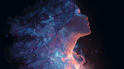 A glowing feminine figure with flowing hair of colorful stardust, framed by a dark universe