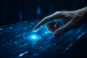 AI generated futuristic digital art of human hand interacting with glowing cyber interface symbolizing human computer interaction data connectivity and advanced technology