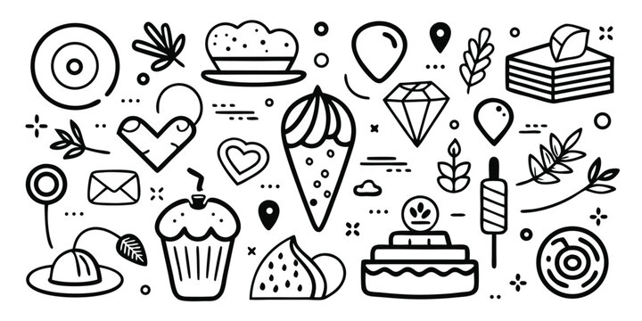 Doodle collection of desserts and sweets featuring cakes cupcakes ice cream and cookies