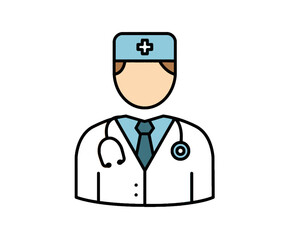 Fototapeta premium A flat vector icon of a male doctor wearing a lab coat, surgical cap, and a stethoscope on a white background.