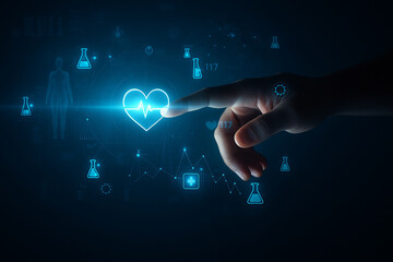 AI generated futuristic medical visualization showing a glowing heart hologram with scientific icons and data interface symbolizing advanced healthcare innovation
