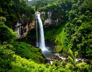 Waterfall cascade in lush jungle