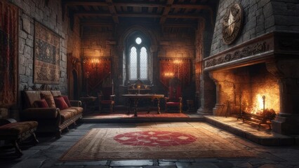 Fototapeta premium Medieval castle interior with fireplace and large window