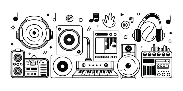 Fun hand-drawn musical instruments and dj equipment for a lively festival or party atmosphere