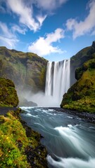 Waterfall cascading down rugged mountains