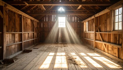 Sunbeams illuminate empty wooden barn interior