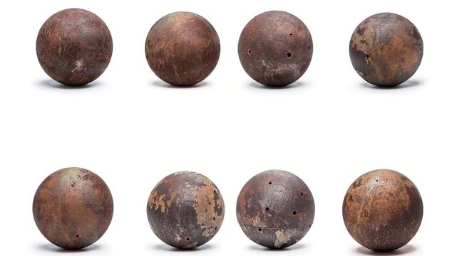 A collection of nine rusty metal balls on a white background