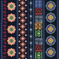Seamless geometric pattern with ethnic style and colorful mandala elements creating vibrant decorative textile design