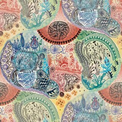 Seamless abstract pattern features intricate floral and animal motifs in overlapping circles with harmonious blend of earthy and pastel tones