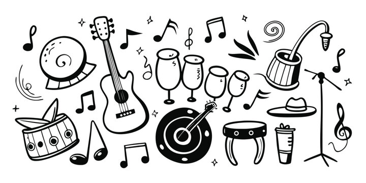 Doodle elements of music festival celebration with instruments and notes