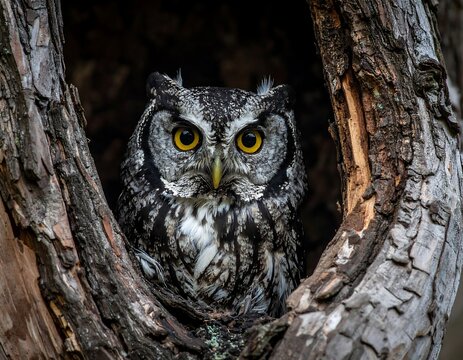 Owl in tree cavity