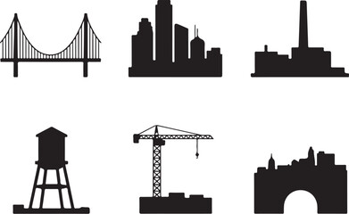 Naklejka premium Urban silhouettes bridge cityscape water tower crane industrial