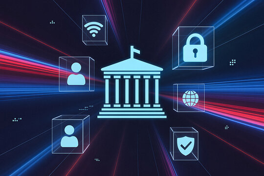 Digital government building with technology icons and light streaks