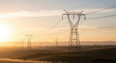 Migrating Flock of Birds Soars Across Power Lines at Sunset