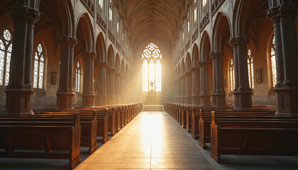 Obraz premium Church Interior with Pews and Rose Window