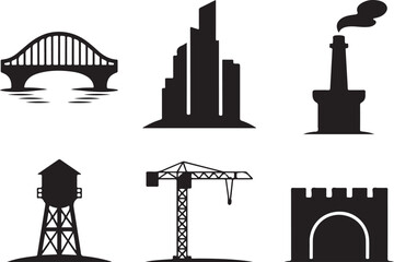 Modern cityscape icons bridges industry and construction symbols