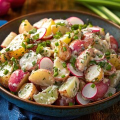 Creamy potato salad with radishes and fresh green onions in vintage bowl