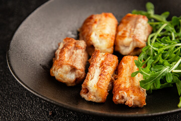 Fried fish rock eel fish rock salmon shark seafood small-spotted catshark portion size tasty snack fresh delicious gourmet food background on the table rustic top view copy space pescetarian diet