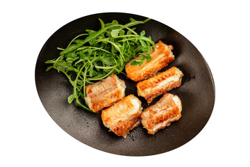 Fried fish rock eel fish rock salmon shark seafood small-spotted catshark portion size tasty snack fresh delicious gourmet food background on the table rustic top view copy space pescetarian diet