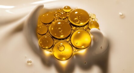 Close up of golden liquid droplets suspended in a creamy fluid texture