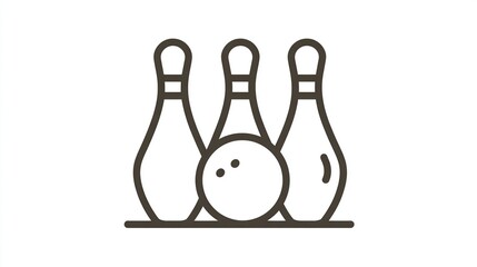 Simple line drawing of three bowling pins and a ball, positioned centrally on a thin line representing a lane.  The style is minimalist, using dark brown lines against a white background