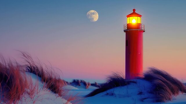 A lone red lighthouse sits atop a snowy beach, surrounded by winter scenery