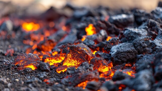 Close up of glowing lava surface with molten texture and vibrant orange red colors, showing natural volcanic flow, heat, molten rock patterns, geological activity and dynamic fiery background