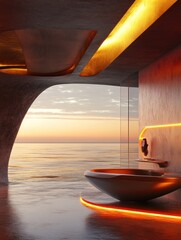 Futuristic seaside sanctuary with integrated technology and serene ocean views