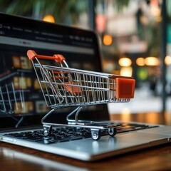 Miniature Shopping Cart on Laptop Exploring Online Retail Possibilities