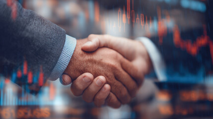Business professionals shaking hands indoors overlaid with stock market graphic elements and financial data, representing collaboration and investment success in a competitive environment.