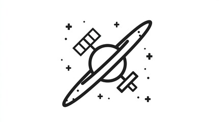 Simple line drawing of a space station orbiting a planet.  Small plus signs and dots depict space