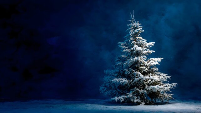 A snow-covered evergreen tree against a dark blue background, evoking a serene winter atmosphere