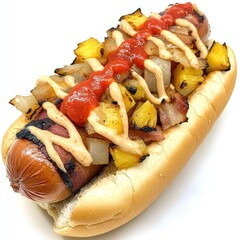 Exotic Gourmet Hotdog with Grilled Pineapple and Special Toppings