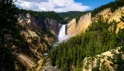 Waterfall cascading through a colorful canyon