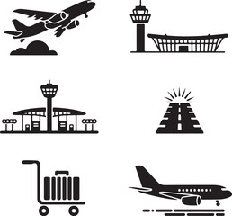 Airport icons: takeoff, terminal, runway, luggage, plane