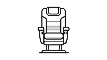A simple line drawing of a comfortable, upright chair with armrests, a headrest, and a broad base, suggesting a seat in a plane, theater, or auditorium