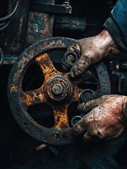 Industrial worker manipulates valve wheel on aged machine apparatus