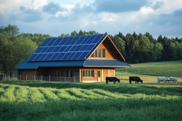 Fototapeta premium Wooden house with solar panels on roof cows grazing in green meadow at sunrise