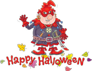 Happy Halloween card with an angry cruel ogre with a sabre and knife waving in greeting, vector cartoon illustration on white