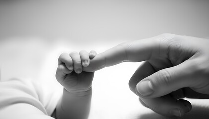 Tender moment baby hand grasping adult finger intimate setting black and white photography emotional connection
