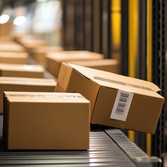Automated Logistics, Cardboard Boxes on Conveyor Belt in Warehouse