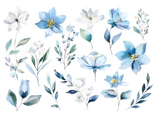 Fototapeta premium A collection of watercolor flowers and leaves in shades of blue and white, featuring various floral designs and green foliage