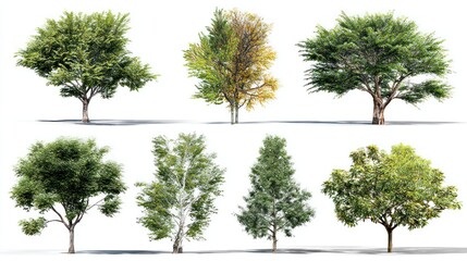 Seven trees with varying foliage types stand against a white background