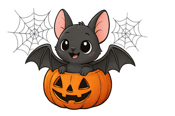 Cute cartoon bat sitting inside carved Halloween pumpkin with big eyes smiling festive spooky illustration isolated on white background