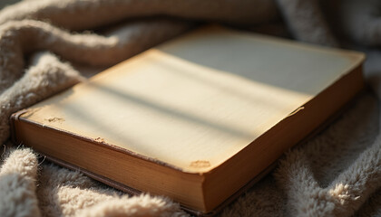 Blank book lying on soft blanket with warm sunlight illuminating pages  