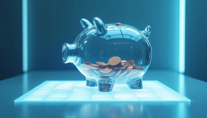Glass piggy bank filled with coins on illuminated surface  