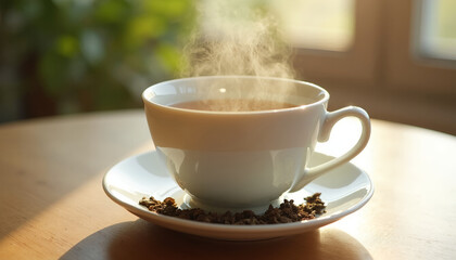 Steaming cup of coffee on wooden table with blurred background  
